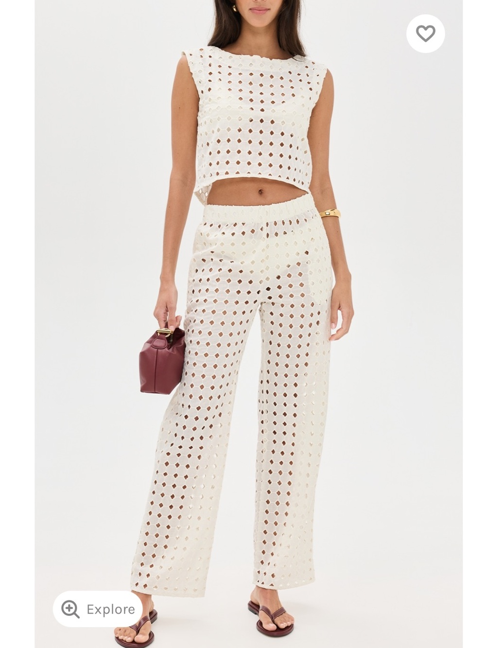 LEBOP Eyelet Wide-Leg Pants & crop top Set in Cream